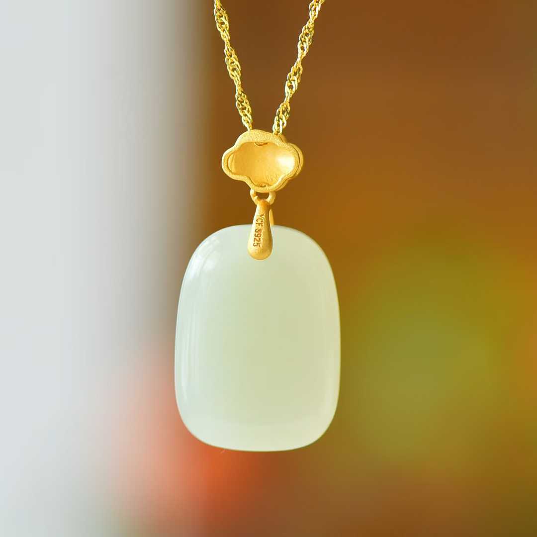 925 Silver-Inlaid Hetian Jade Enamel Pendant with "Ping'an Pai" (Peace Plaque) & "Ruyi" Design