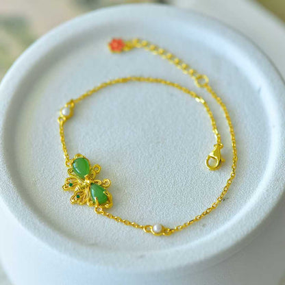 925 Silver Inlaid Hetian Nephrite "Water Drop & Butterfly" Bracelet