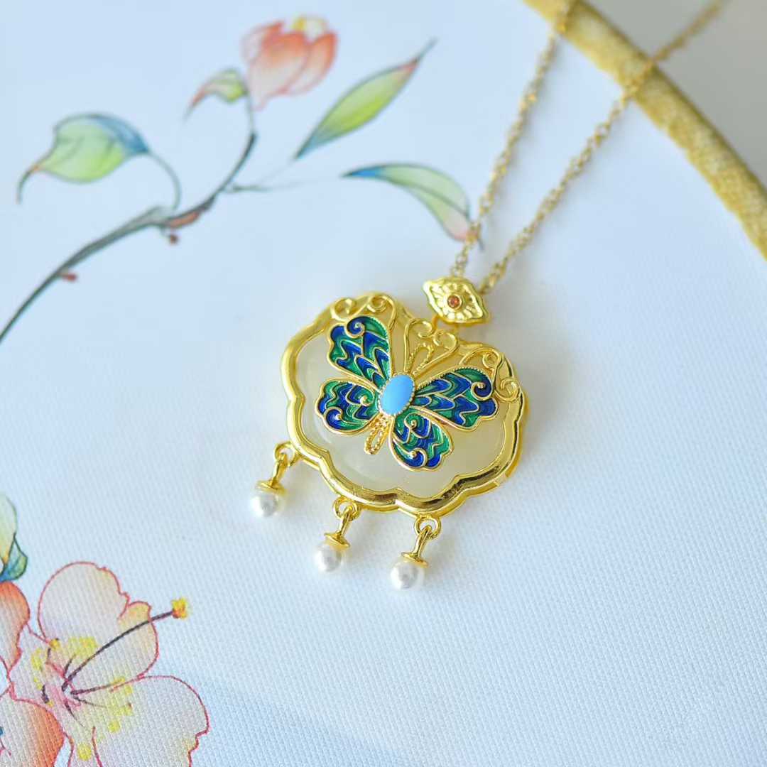 925 Silver Inlaid Hetian Nephrite "Ruyi Lock & Dream Butterfly" Pendant