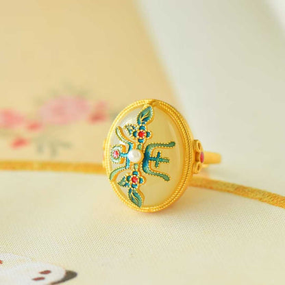 925 Silver Inlaid Enamel & White Hetian Nephrite "Blessing & Longevity" Ring