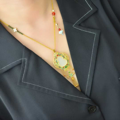 925 Silver Inlaid Nephrite "Gourd" Vintage Pendant for Adding Blessings and Good Fortune