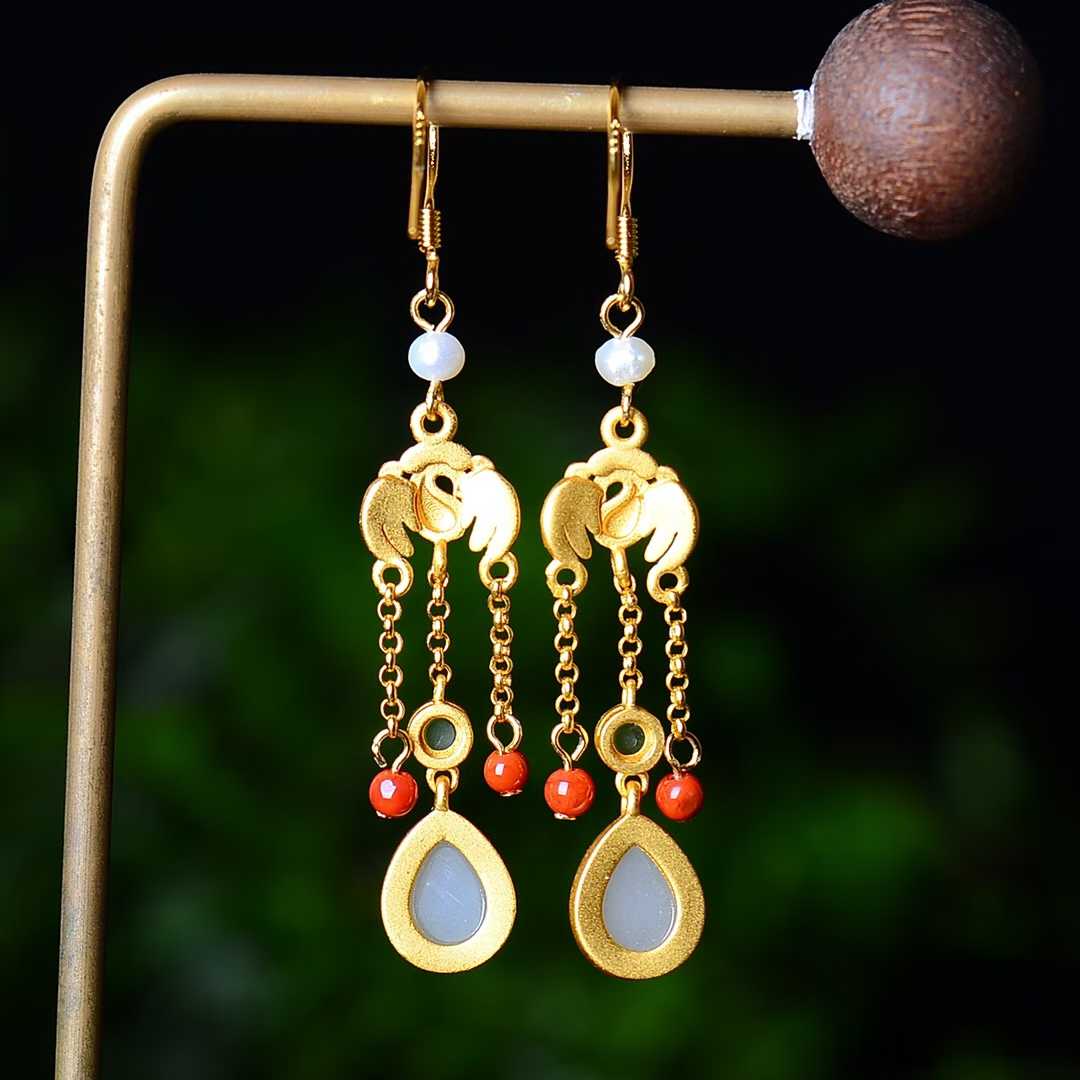 925 Silver Inlaid Hetian Jade Teardrop Earrings
