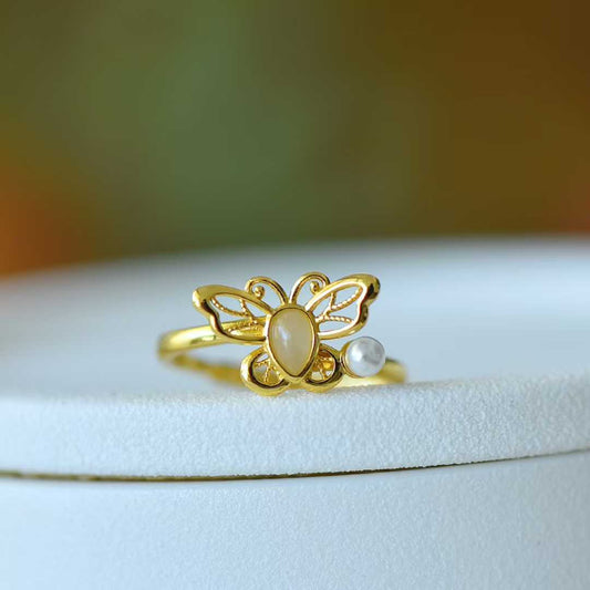 925 Silver Inlaid Hetian Nephrite "Water Drop & Butterfly" Hollow-Out Ring