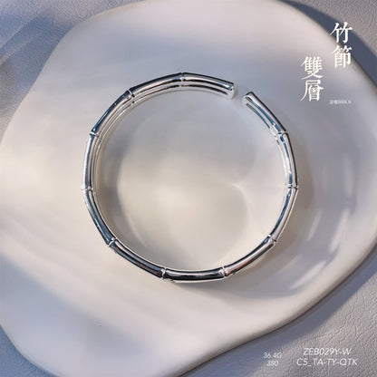 China double - layer bamboo open - end sterling silver bracelet - jewelry - weilin.com