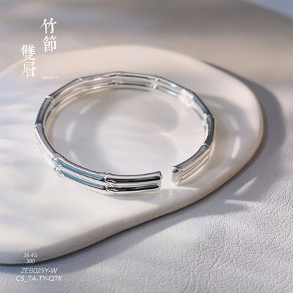 China double - layer bamboo open - end sterling silver bracelet - jewelry - weilin.com