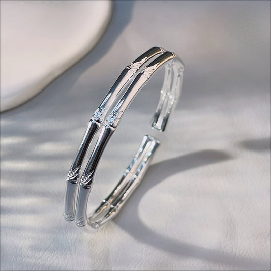 China double - layer bamboo open - end sterling silver bracelet - jewelry - weilin.com