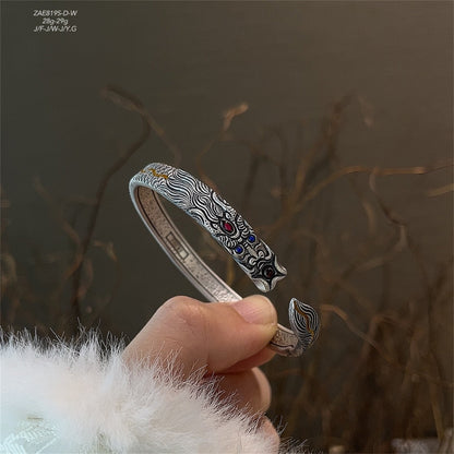 China dragon Playing with Pearl Open Sterling Silver Bracelet - jewelry - weilin.com