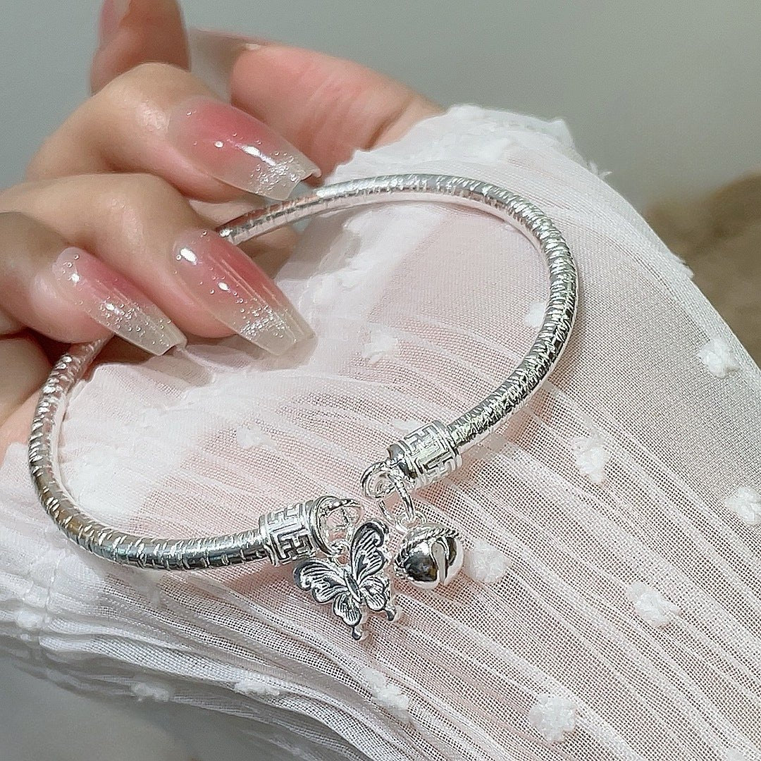 China round stick hanging bell butterfly sterling silver bracelet - jewelry - weilin.com