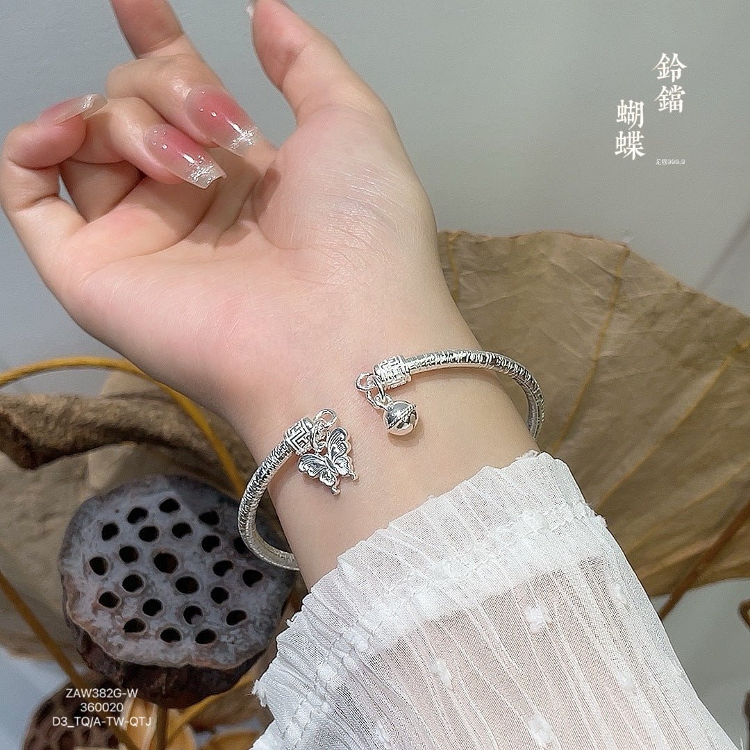 China round stick hanging bell butterfly sterling silver bracelet - jewelry - weilin.com