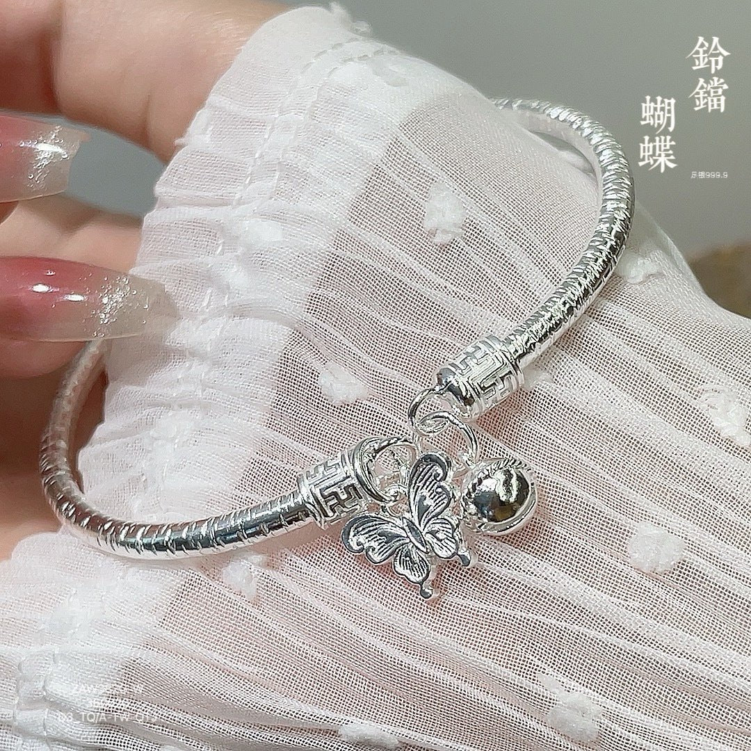 China round stick hanging bell butterfly sterling silver bracelet - jewelry - weilin.com