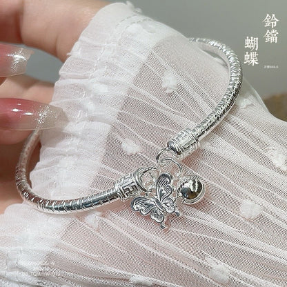 China round stick hanging bell butterfly sterling silver bracelet - jewelry - weilin.com