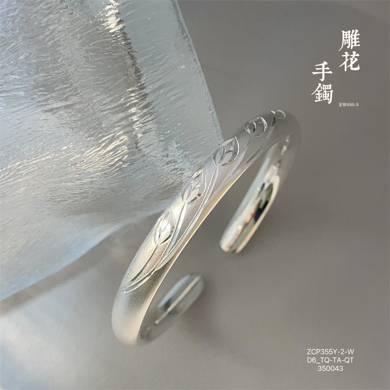 China Solid Sterling Silver Bamboo Leaf Open Bracelet - jewelry - weilin.com