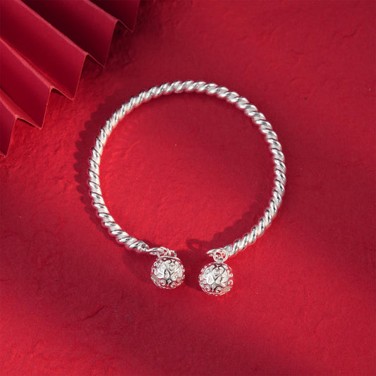 Chinese Braided Twist Hanging Bell Sterling Silver Bracelet - jewelry - weilin.com