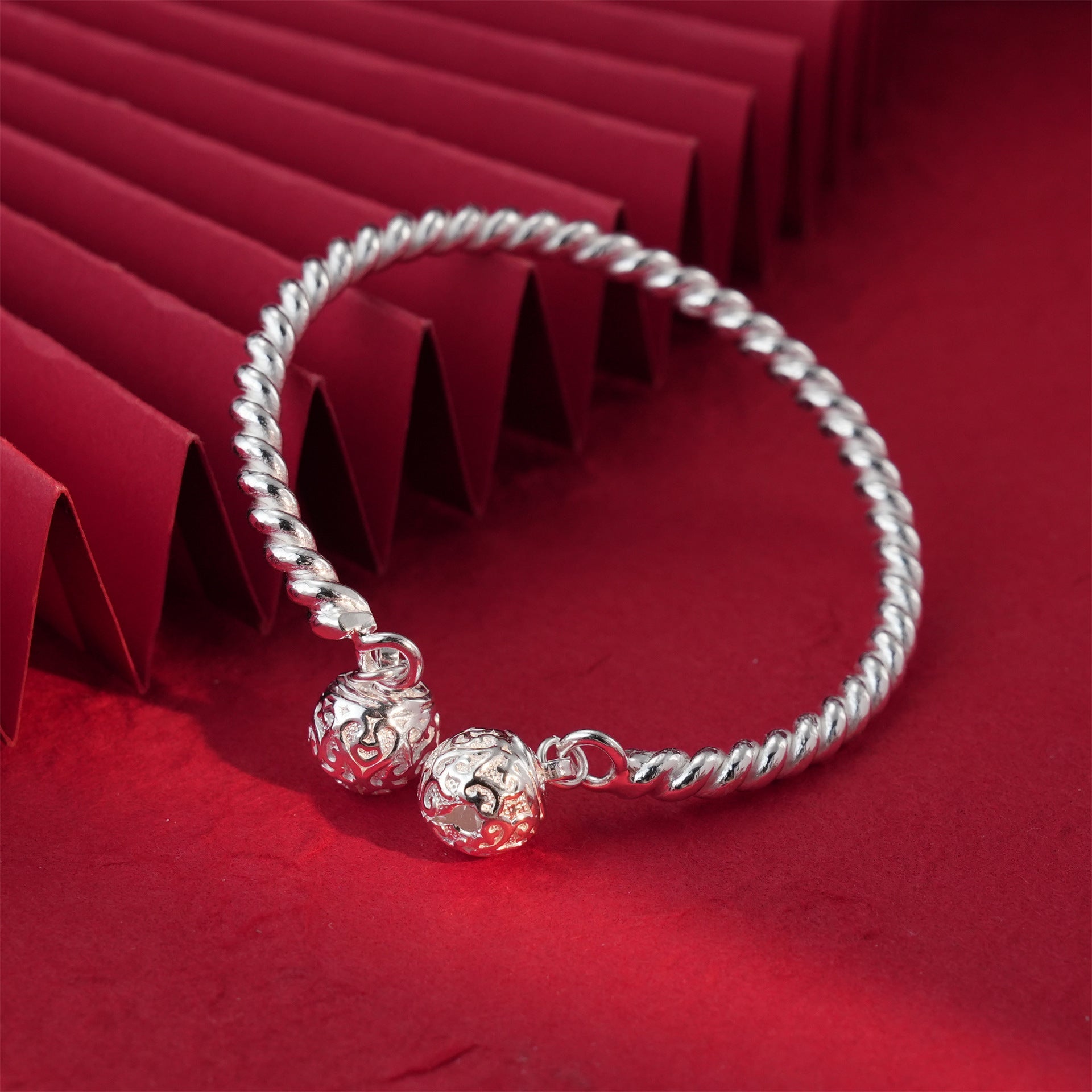 Chinese Braided Twist Hanging Bell Sterling Silver Bracelet - jewelry - weilin.com