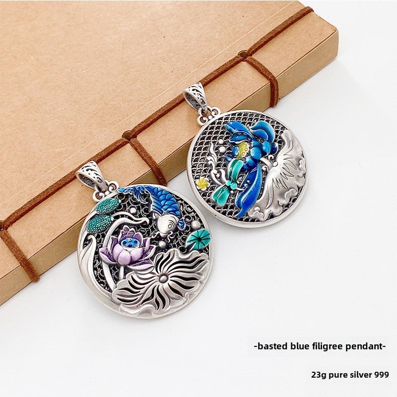 Chinese Colorful Lotus Sterling Silver Pendant - jewelry - weilin.com