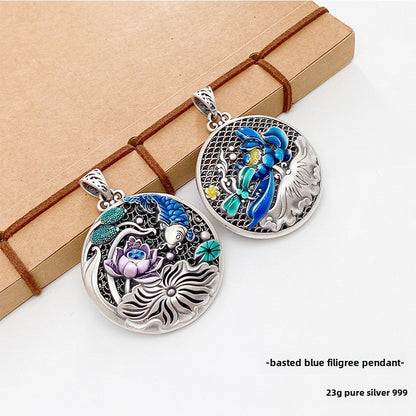 Chinese Colorful Lotus Sterling Silver Pendant - jewelry - weilin.com
