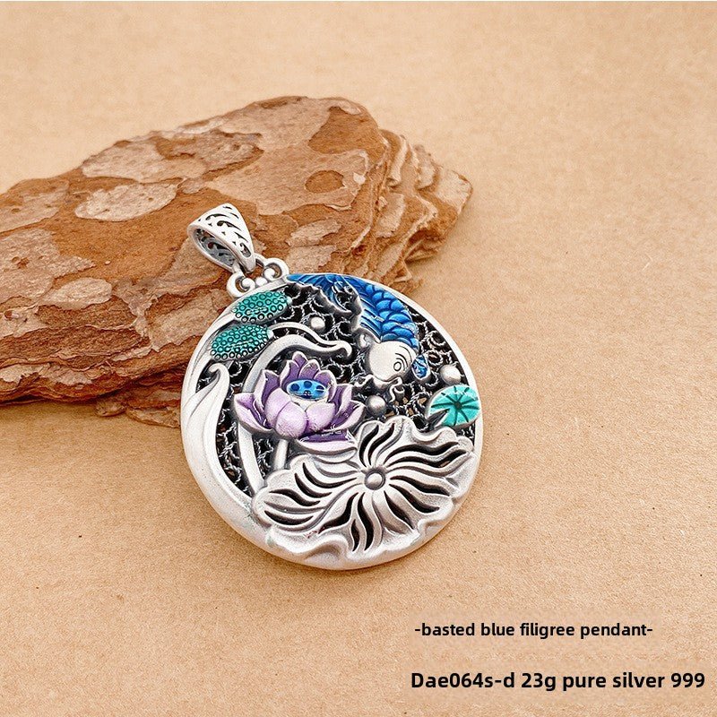 Chinese Colorful Lotus Sterling Silver Pendant - jewelry - weilin.com