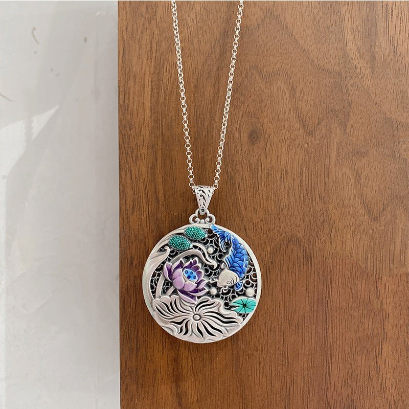 Chinese Colorful Lotus Sterling Silver Pendant - jewelry - weilin.com