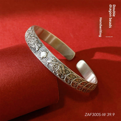 Chinese Double Dragon Silver Bracelet - jewelry - weilin.com