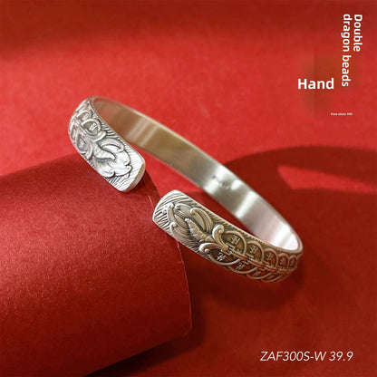 Chinese Double Dragon Silver Bracelet - jewelry - weilin.com