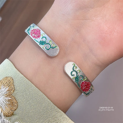 Chinese enamel flower heart sterling silver bracelet - jewelry - weilin.com