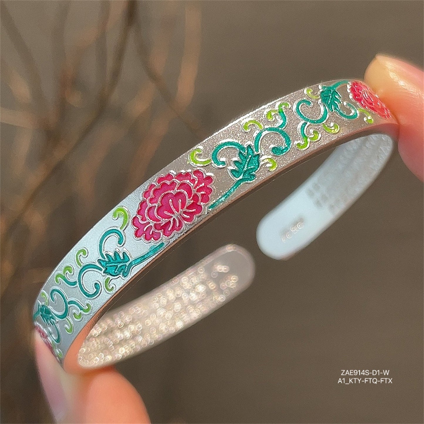 Chinese enamel flower heart sterling silver bracelet - jewelry - weilin.com