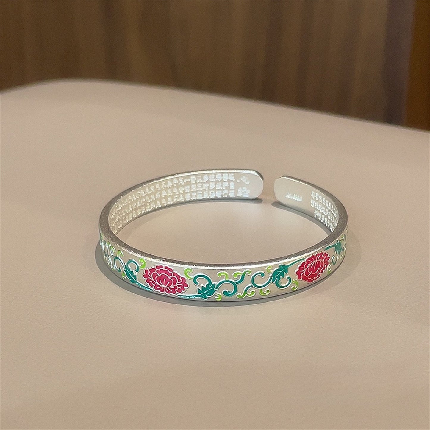 Chinese enamel flower heart sterling silver bracelet - jewelry - weilin.com