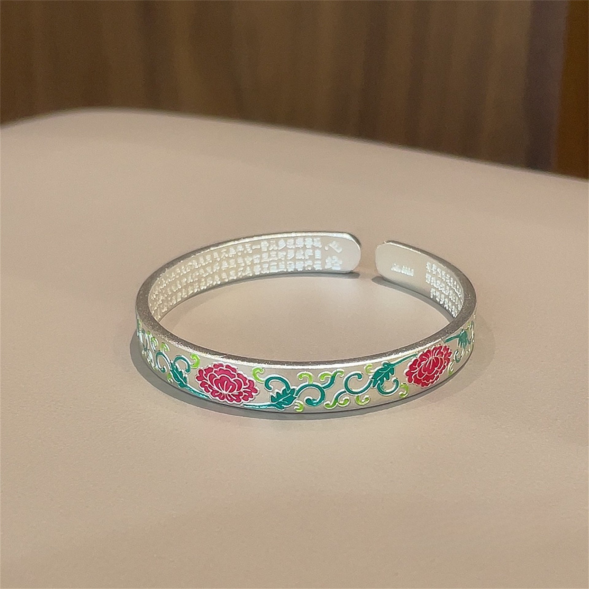 Chinese enamel flower heart sterling silver bracelet - jewelry - weilin.com