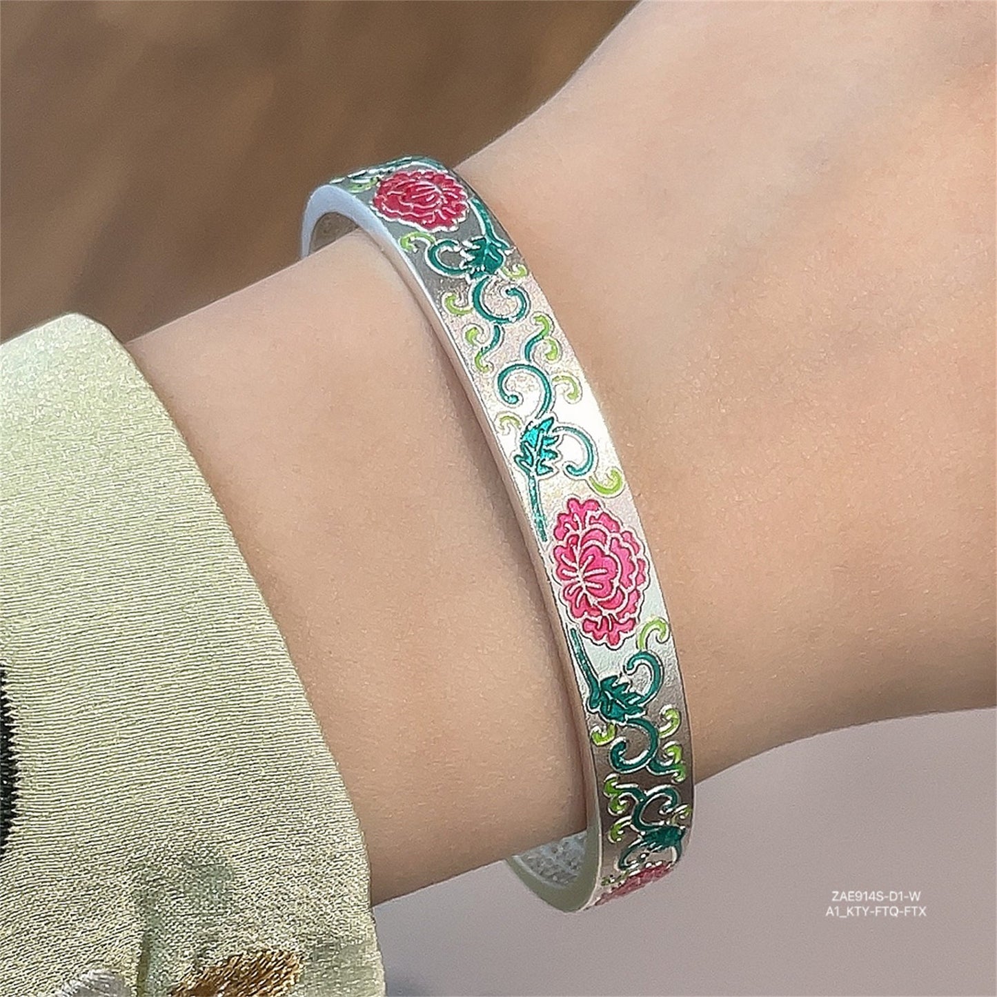 Chinese enamel flower heart sterling silver bracelet - jewelry - weilin.com