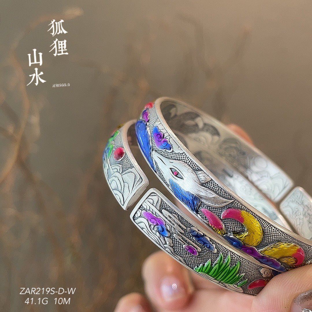 Chinese enamel fox sterling silver bracelet - jewelry - weilin.com
