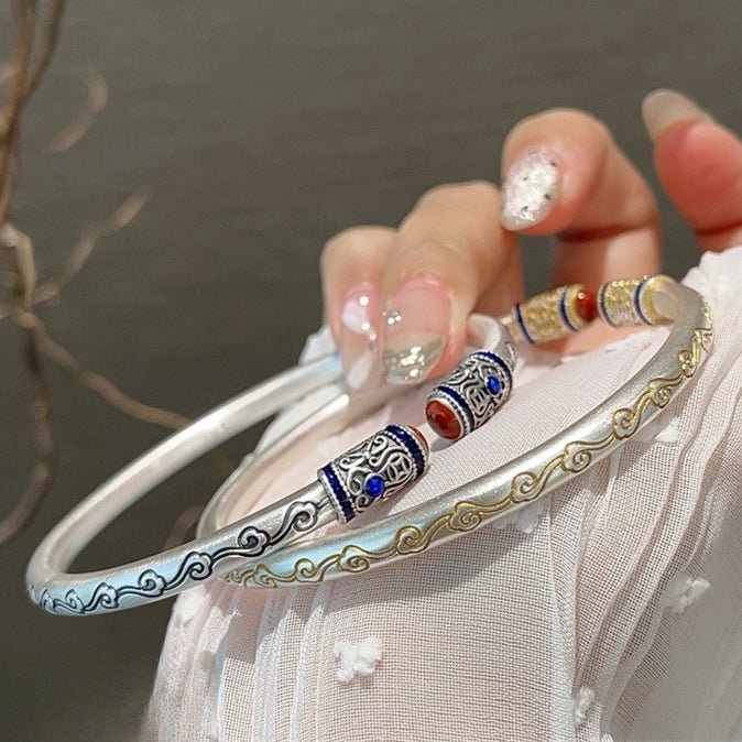 Chinese enamel pattern round stick sterling silver bracelet - jewelry - weilin.com