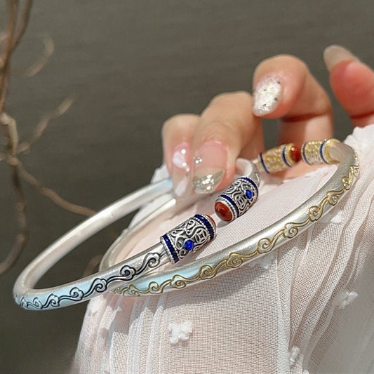 Chinese enamel pattern round stick sterling silver bracelet - jewelry - weilin.com