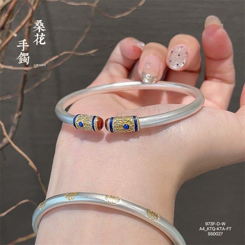Chinese enamel pattern round stick sterling silver bracelet - jewelry - weilin.com