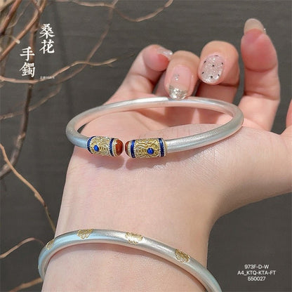 Chinese enamel pattern round stick sterling silver bracelet - jewelry - weilin.com