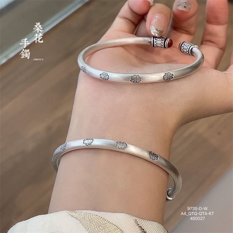 Chinese enamel pattern round stick sterling silver bracelet - jewelry - weilin.com