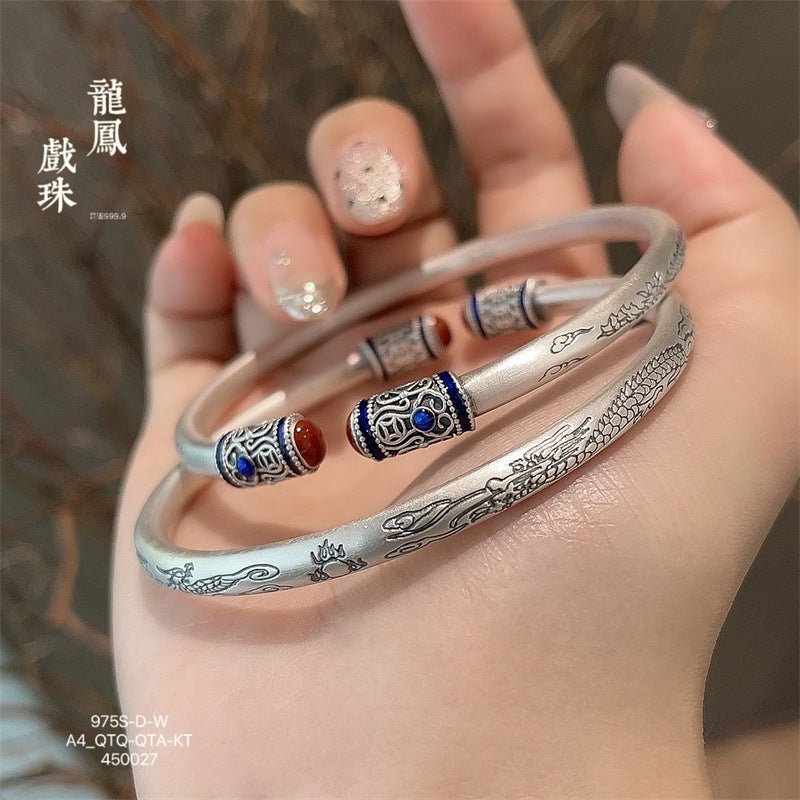 Chinese enamel pattern round stick sterling silver bracelet - jewelry - weilin.com