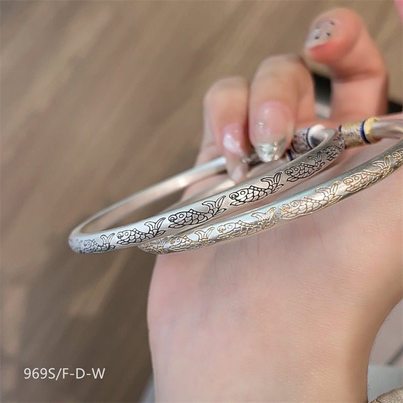 Chinese enamel pattern round stick sterling silver bracelet - jewelry - weilin.com