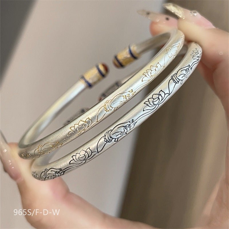 Chinese enamel pattern round stick sterling silver bracelet - jewelry - weilin.com