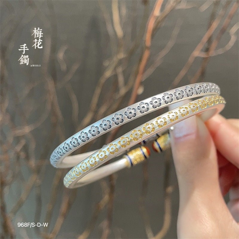 Chinese enamel pattern round stick sterling silver bracelet - jewelry - weilin.com
