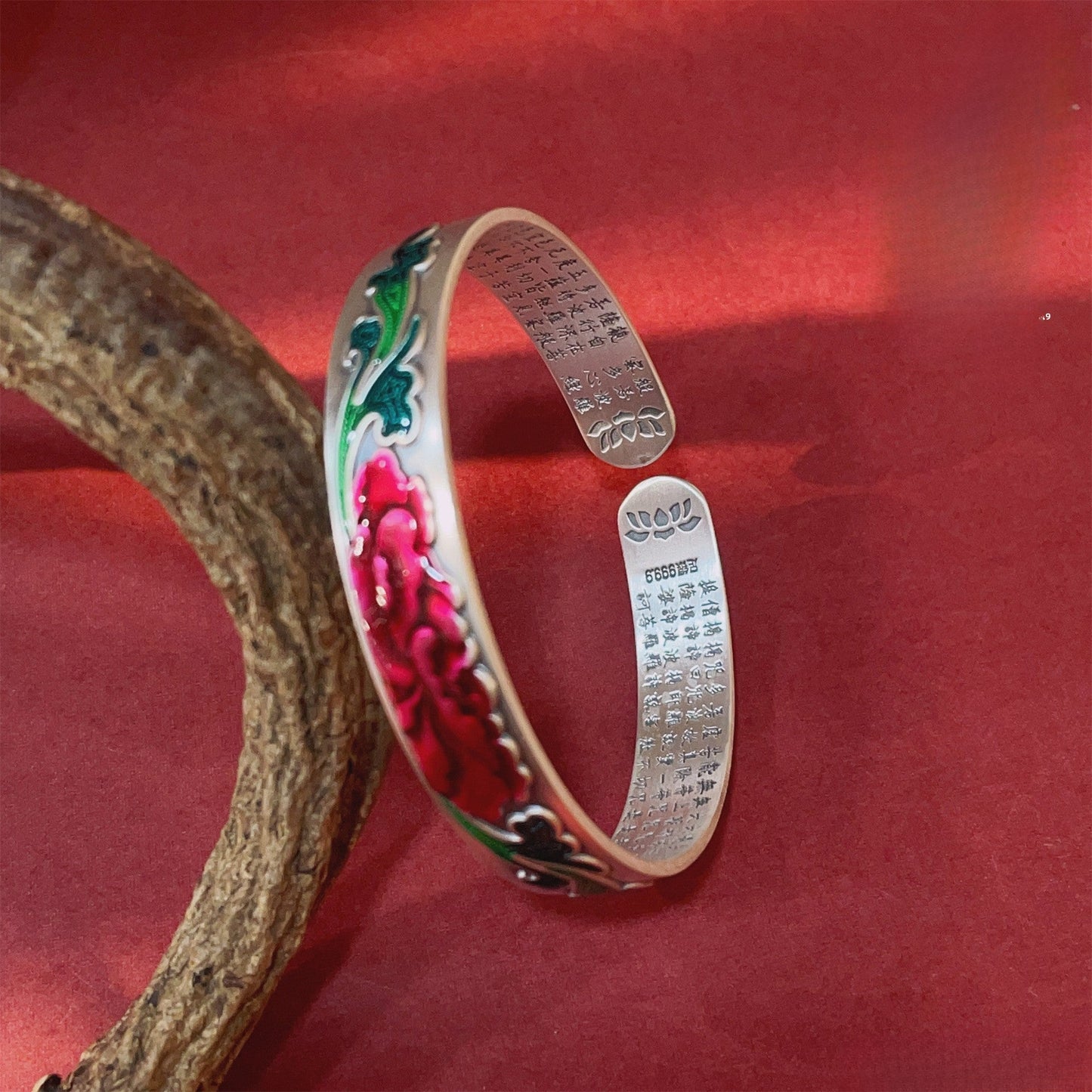 Chinese enamel peony frosted sterling silver bracelet - jewelry - weilin.com