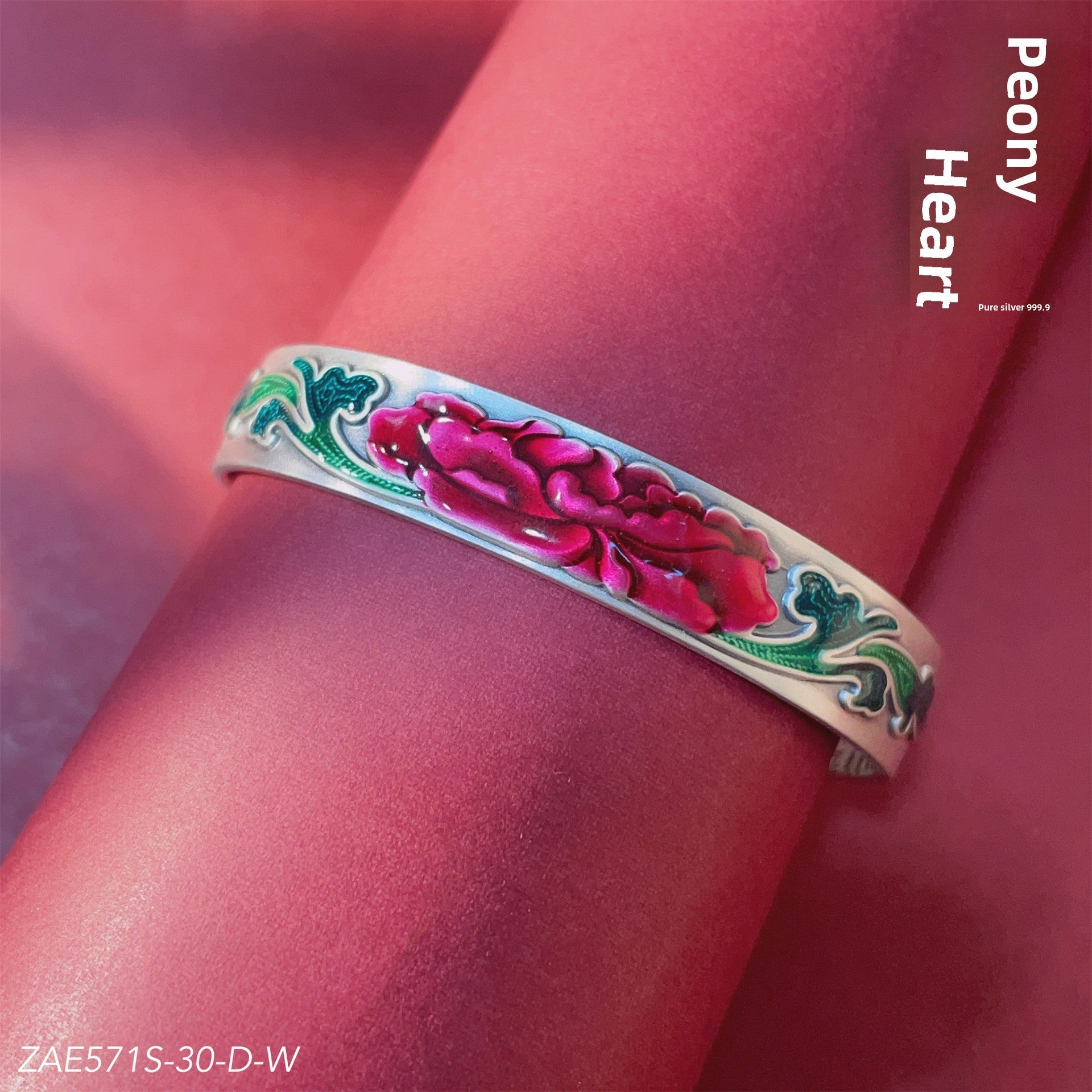 Chinese enamel peony frosted sterling silver bracelet - jewelry - weilin.com