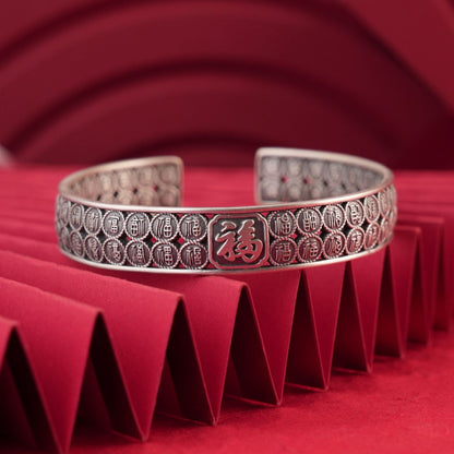 Chinese gold - painted hollow wide sterling silver bracelet - jewelry - weilin.com