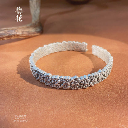 Chinese gold - painted three - dimensional plum blossom sterling silver bracelet - jewelry - weilin.com