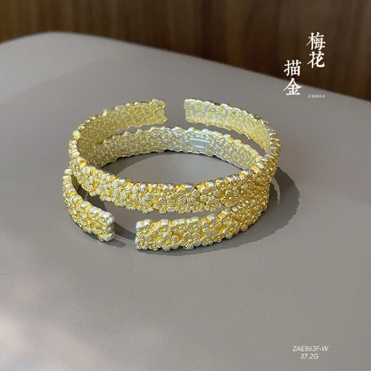 Chinese gold - painted three - dimensional plum blossom sterling silver bracelet - jewelry - weilin.com