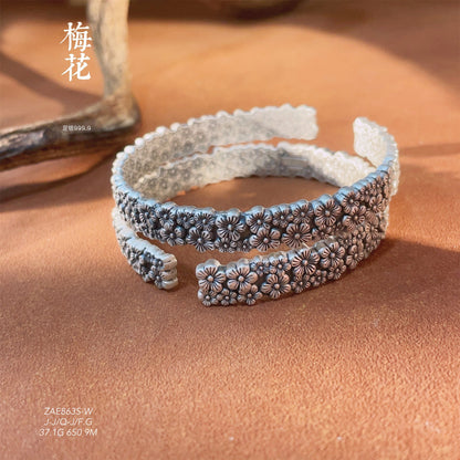 Chinese gold - painted three - dimensional plum blossom sterling silver bracelet - jewelry - weilin.com