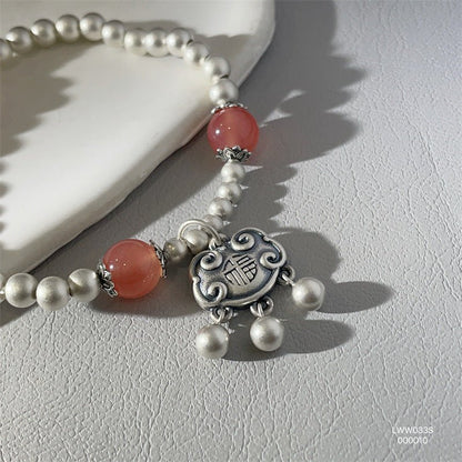 Chinese Good Luck Charm Agate Silver Bead Bracelet - jewelry - weilin.com