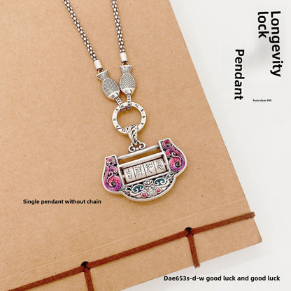 Chinese longevity lock sterling silver pendant - jewelry - weilin.com