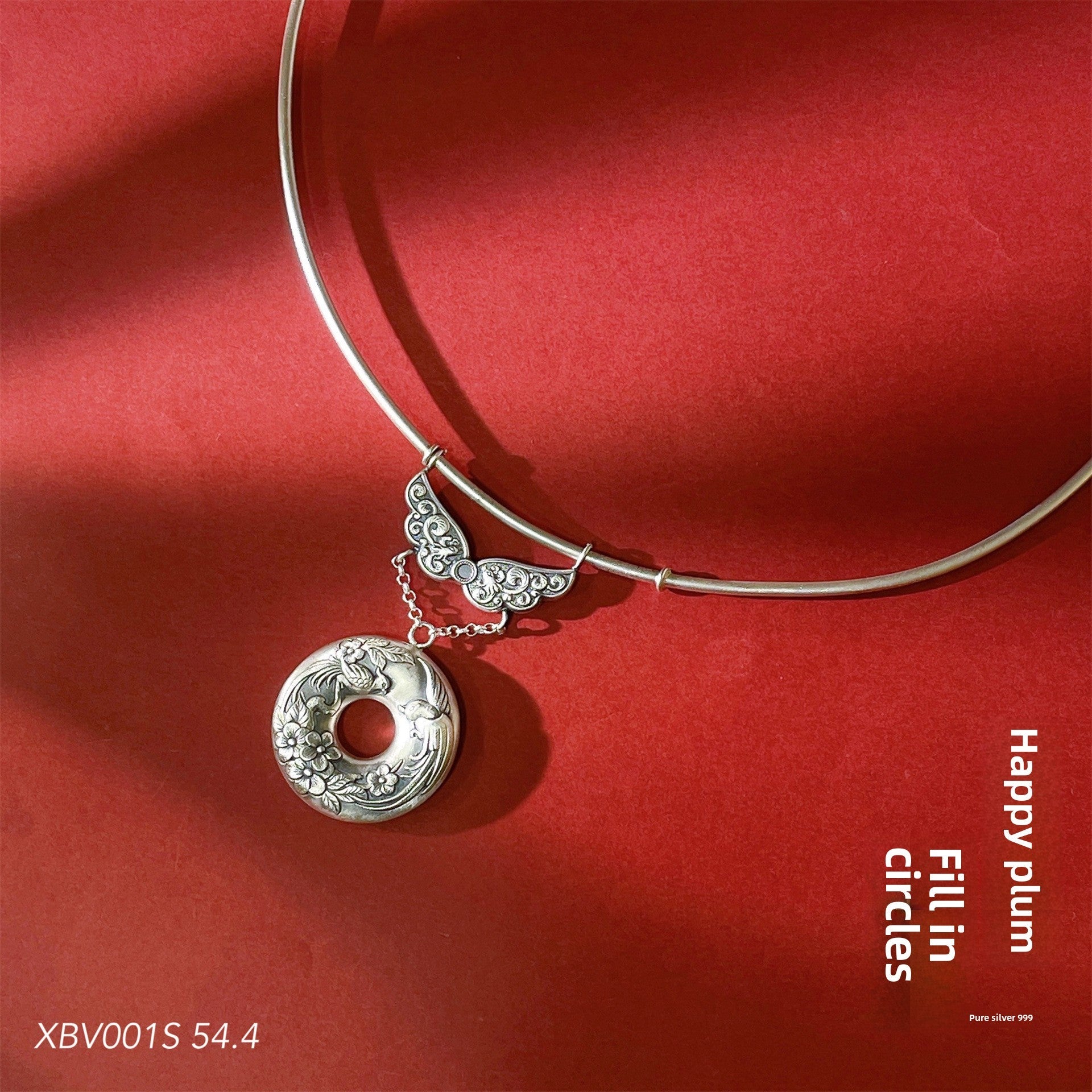 Chinese Peace Buckle Carved Sterling Silver Pendant Necklace - jewelry - weilin.com