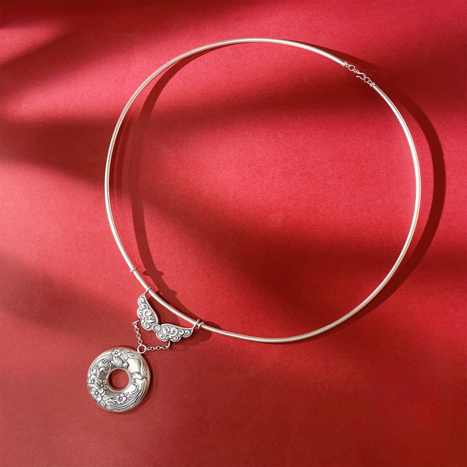 Chinese Peace Buckle Carved Sterling Silver Pendant Necklace - jewelry - weilin.com