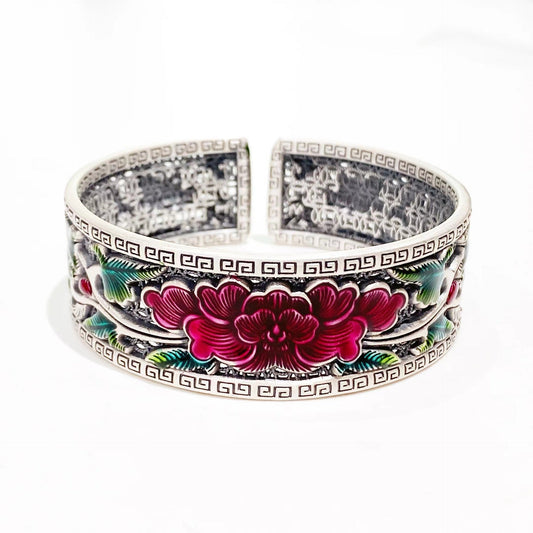 Chinese Peony Sterling Silver Bracelet - jewelry - weilin.com